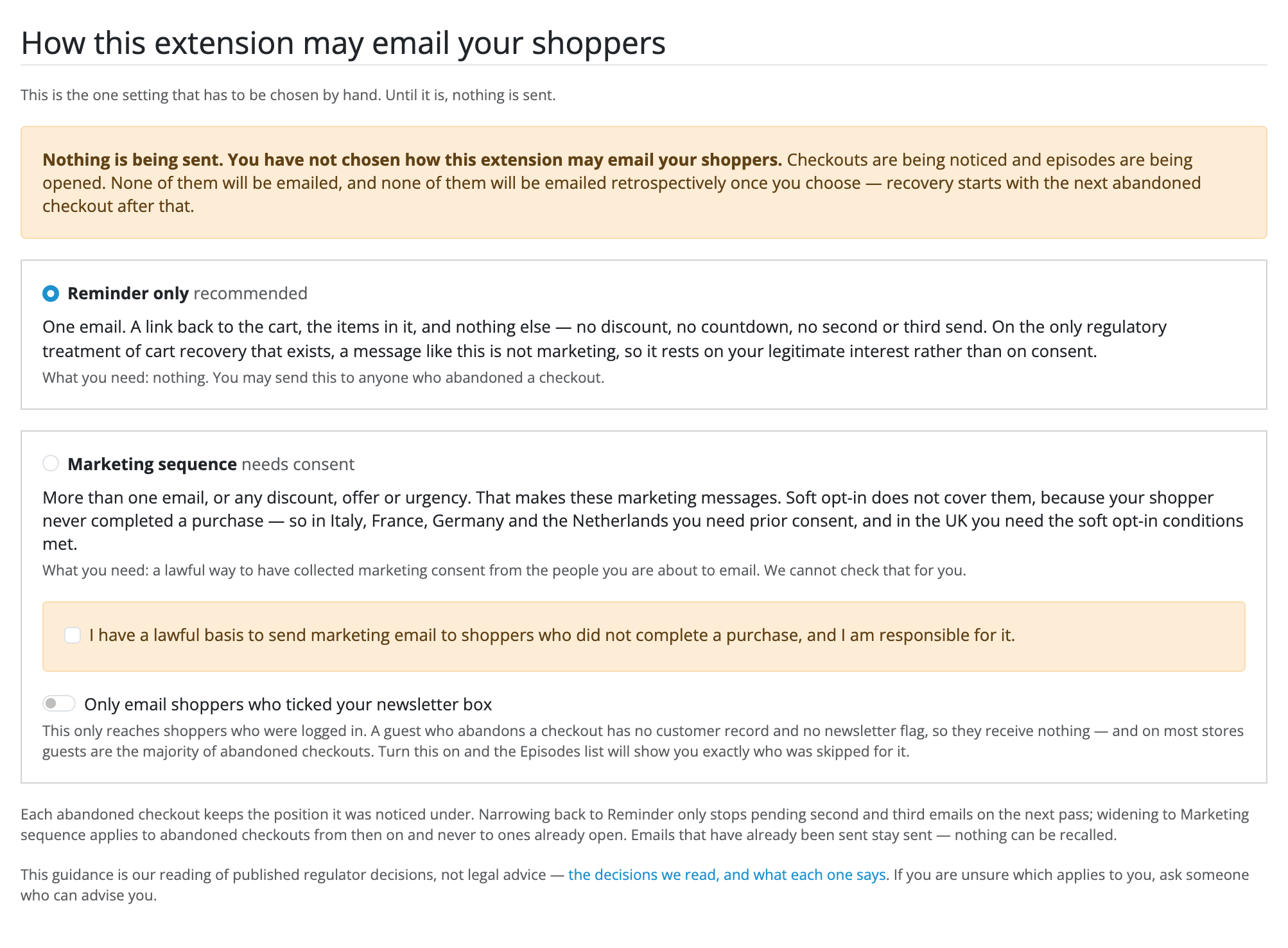 The position choice on the Settings tab. An amber box says nothing is being
sent because no position has been chosen. Below it, Reminder only is selected
and marked recommended, and Marketing sequence, marked needs consent, has an
unticked acknowledgement and a newsletter-only switch.