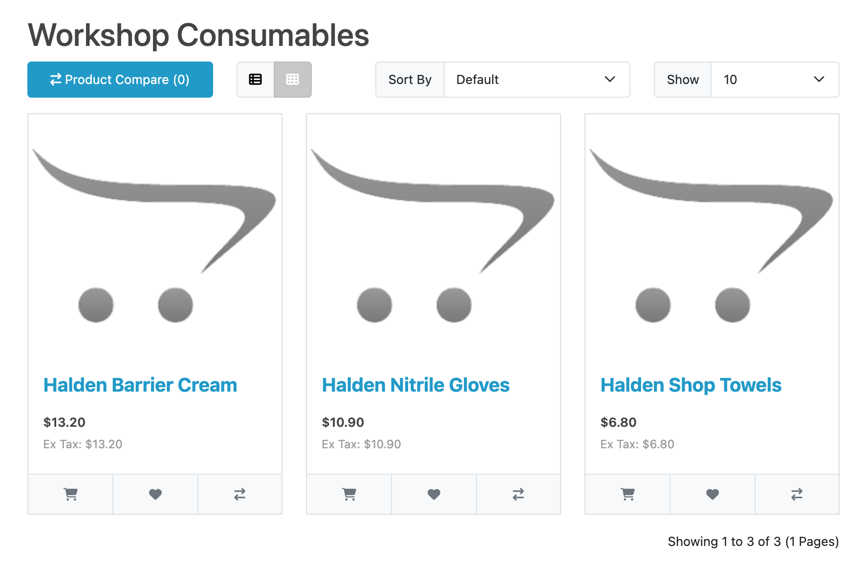 A category page as a trade customer: three products, each at the customer's own
price, with no crossed-out public price and no saving figure
anywhere.