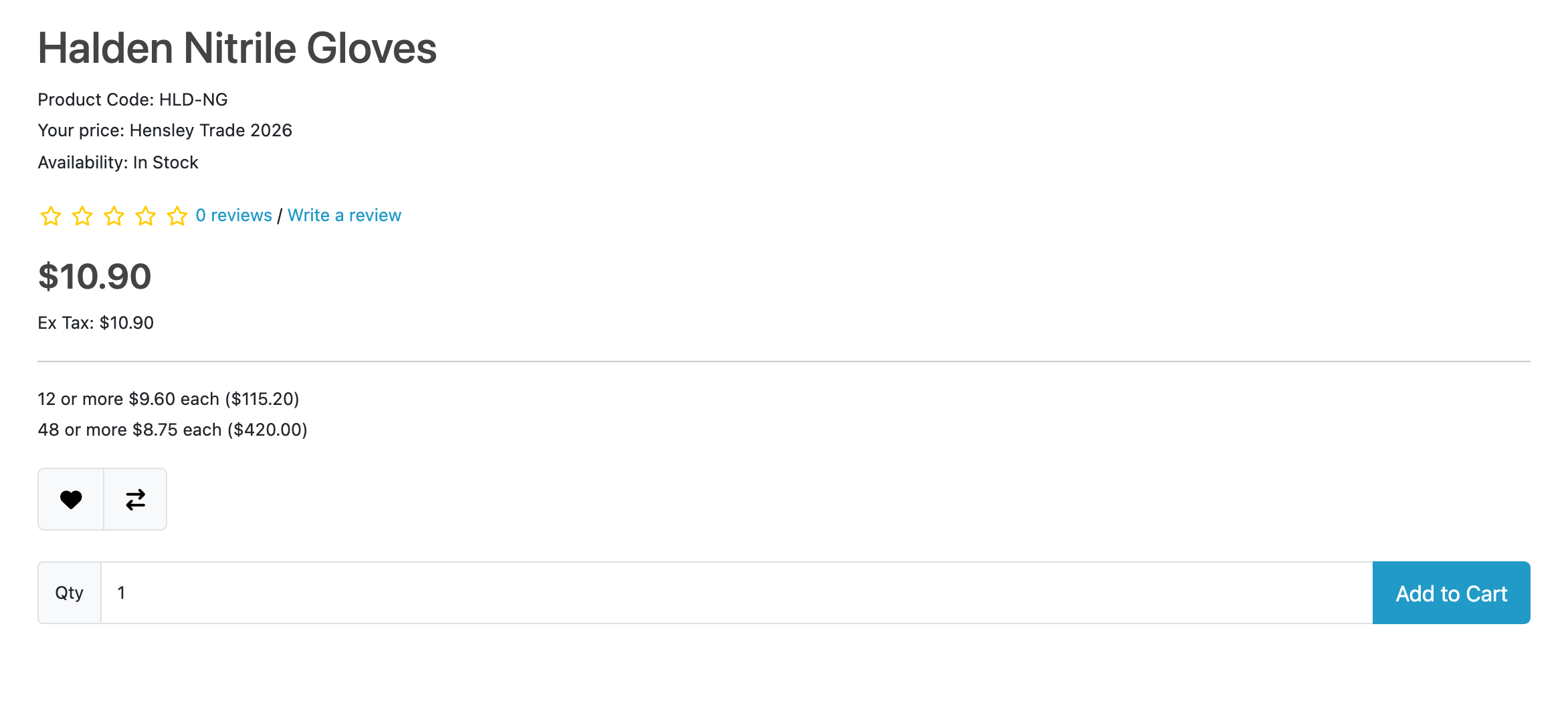 A product page seen by a trade customer: the price is the customer's own, the
quantity ladder shows the price per unit and the line total at each break, and
the row of product codes names the price list the price came
from.