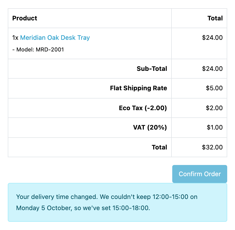The foot of the checkout's order summary, the Confirm Order button, and
under it a notice telling the customer their delivery changed: the day and
window that could not be kept, the ones they have instead, and why (the day
they chose filled up).