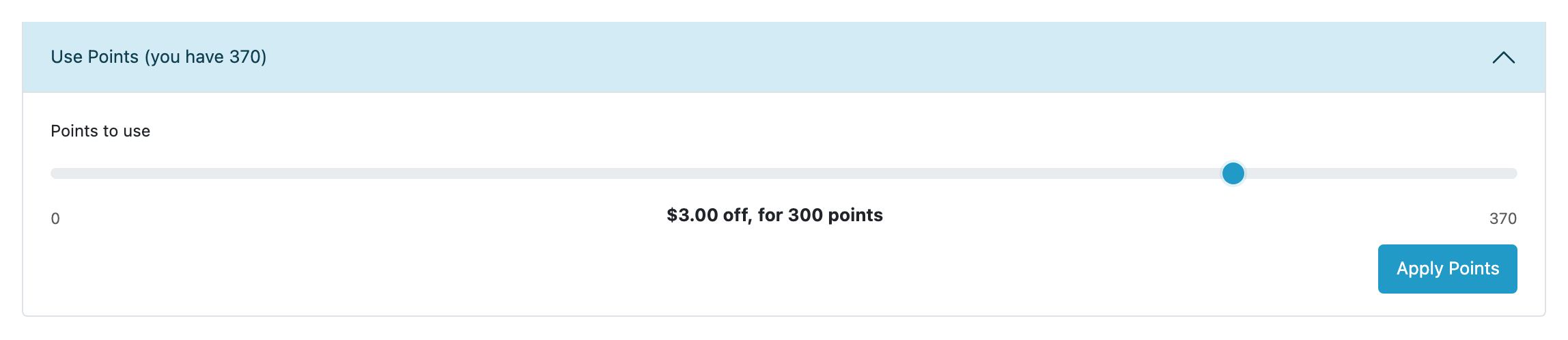 The cart's Use Points panel for a customer holding 370 points: a slider from
0 to 370, moved as far as it goes, reading $3.00 off, for 300 points, because
it steps one unit of currency at a time; and the Apply Points
button.
