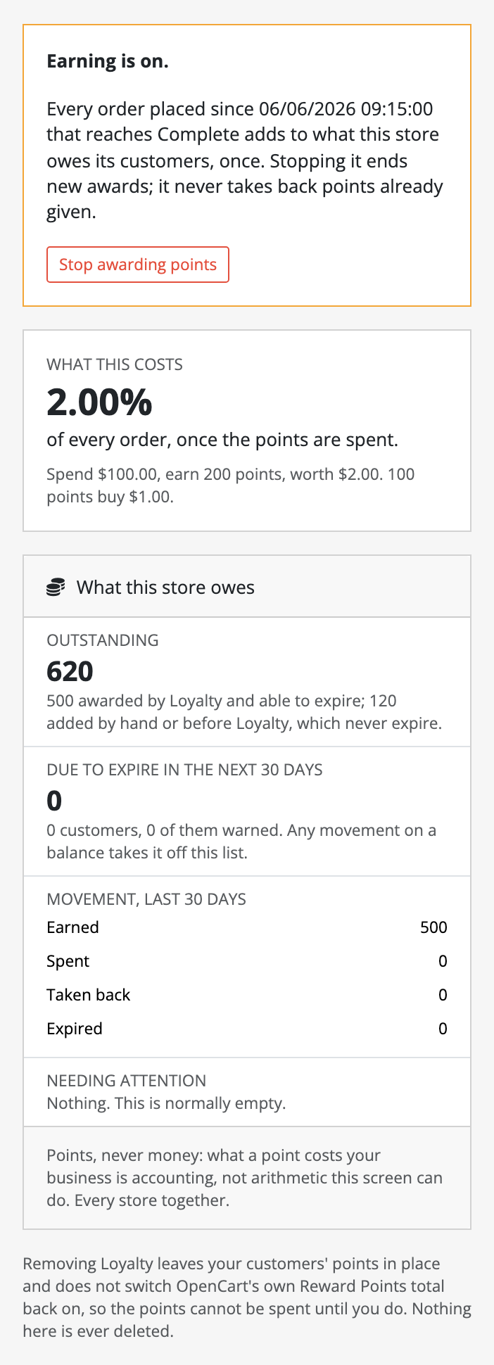 The Loyalty screen's right-hand column: earning switched on, what it costs, and what the store owes