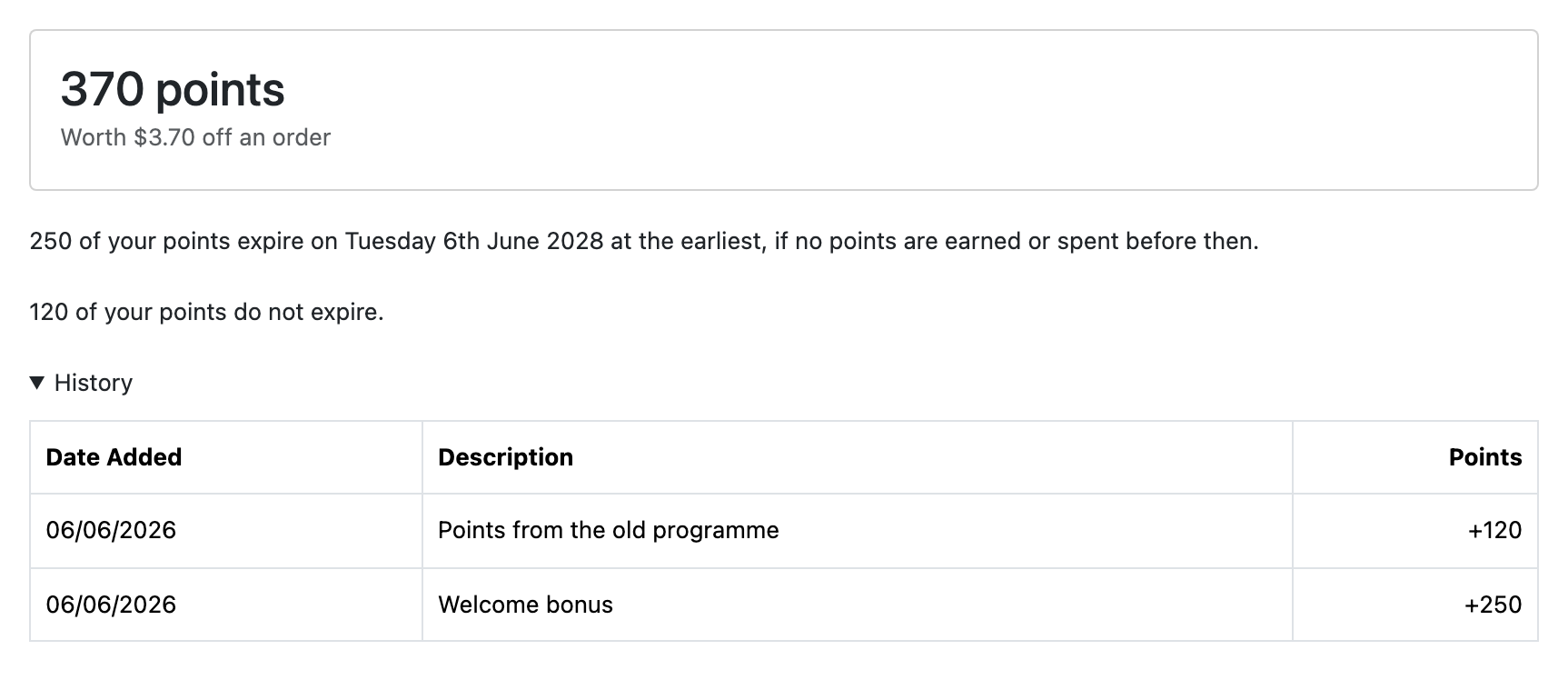 A customer's Reward Points page as Loyalty draws it: 370 points, worth $3.70
off an order; 250 of them, from the welcome bonus, expiring on a named date if
nothing moves before then; 120, added by hand before Loyalty, that never
expire; and the history opened beneath.