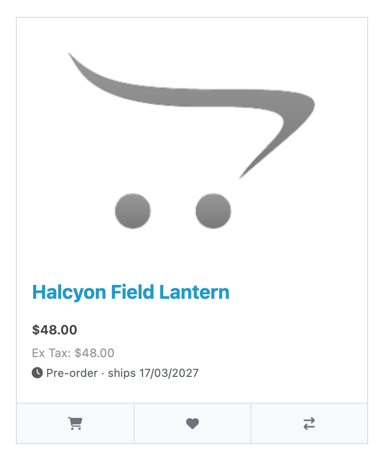 A product card in a category listing. Under the price a line reads Pre-order ยท
ships 14 October 2026.
