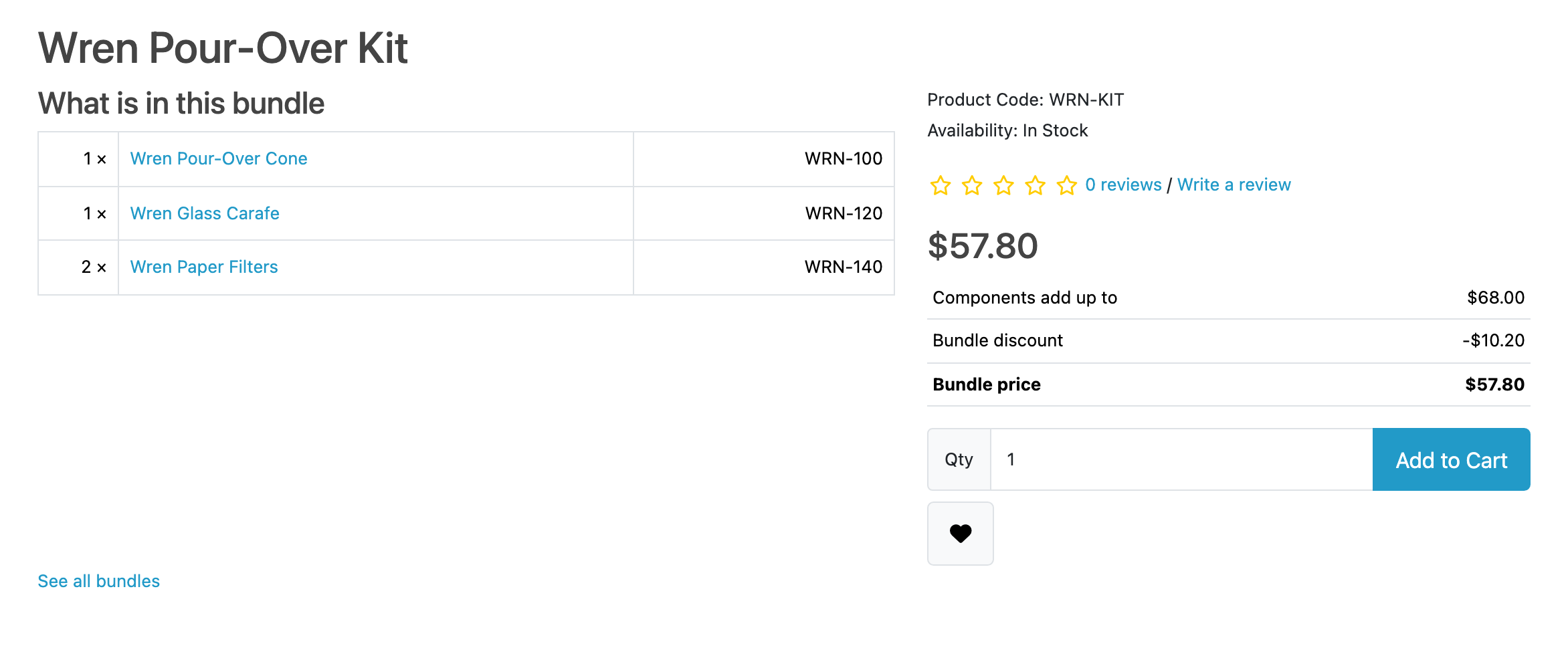 A bundle's own page in the storefront. "What is in this bundle" lists three
products with a quantity and a model number each; beside it the price stands at
$57.80 over a breakdown reading components add up to $68.00, bundle discount
-$10.20, bundle price $57.80, with availability, a quantity box and one Add to
Cart button.