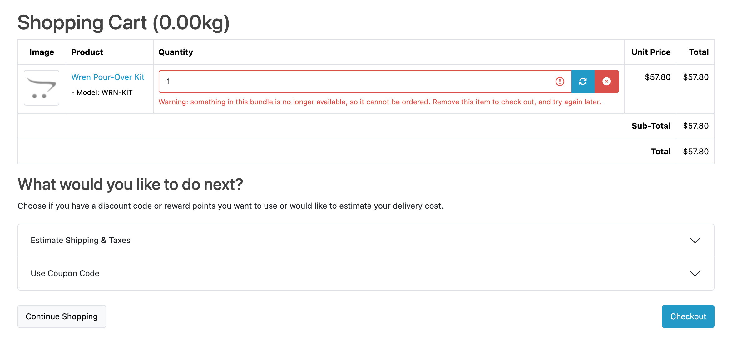 A shopping cart holding one bundle line. The quantity box is outlined in red
and underneath it, in red, "Warning: something in this bundle is no longer
available, so it cannot be ordered. Remove this item to check out, and try again
later." The totals below still add up and the Checkout button is still
there.