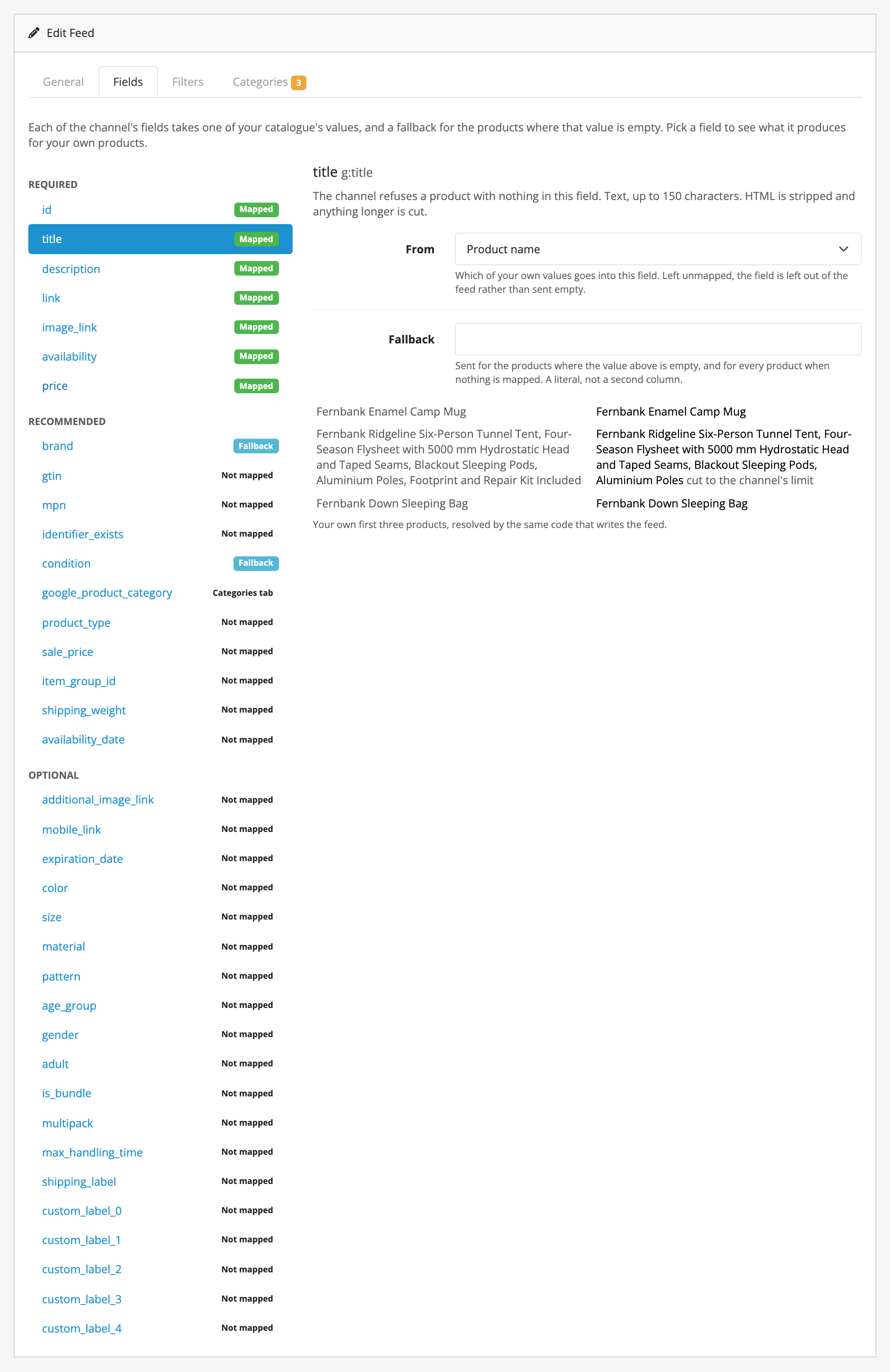 The Fields tab of a Google feed. On the left, Google's own field set in its
three tiers, each field carrying what it is set to: the seven required ones
Mapped, brand and condition on a Fallback, google_product_category marked
Categories tab, and the rest Not mapped. On the right, the title field: its
source, its fallback, and the same mapping resolved against the store's own first
three products, with the one long product name cut and marked "cut to the
channel's limit".