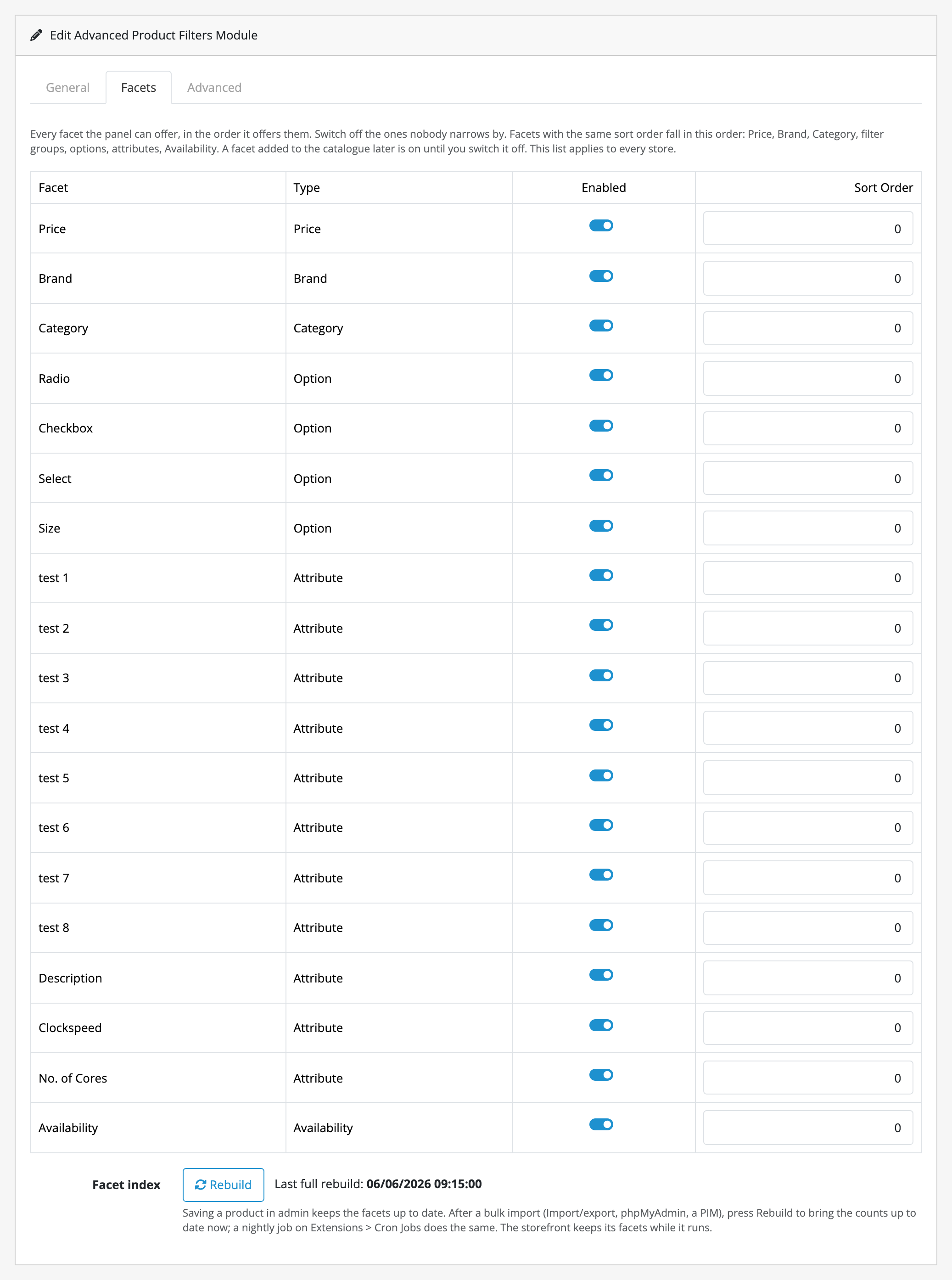 The Facets tab: a table of every facet, with its type, an Enabled switch and a
Sort Order box, and the Rebuild button with the time of the last full
rebuild.