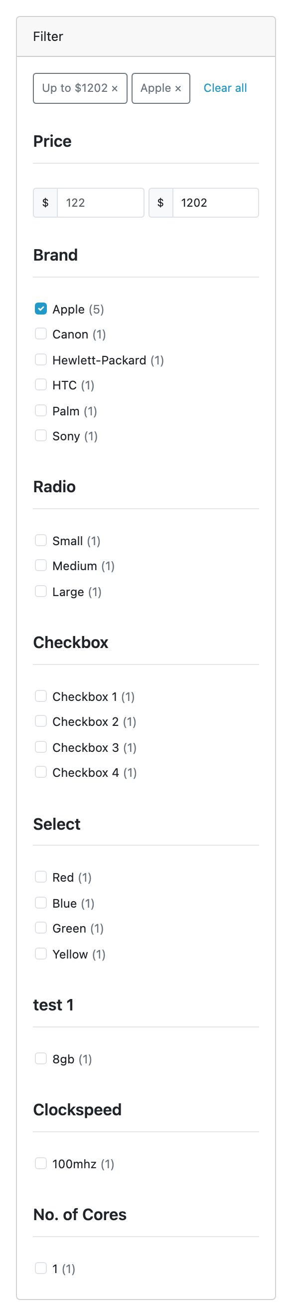 The filter panel in a category page's left column, with Apple ticked and a
highest price typed. Two chips at the top, "Apple ×" and the price range, sit
beside Clear all; below them the Price boxes, the Brand facet with Apple ticked,
and the options and attributes the remaining products carry, each value with its
count.