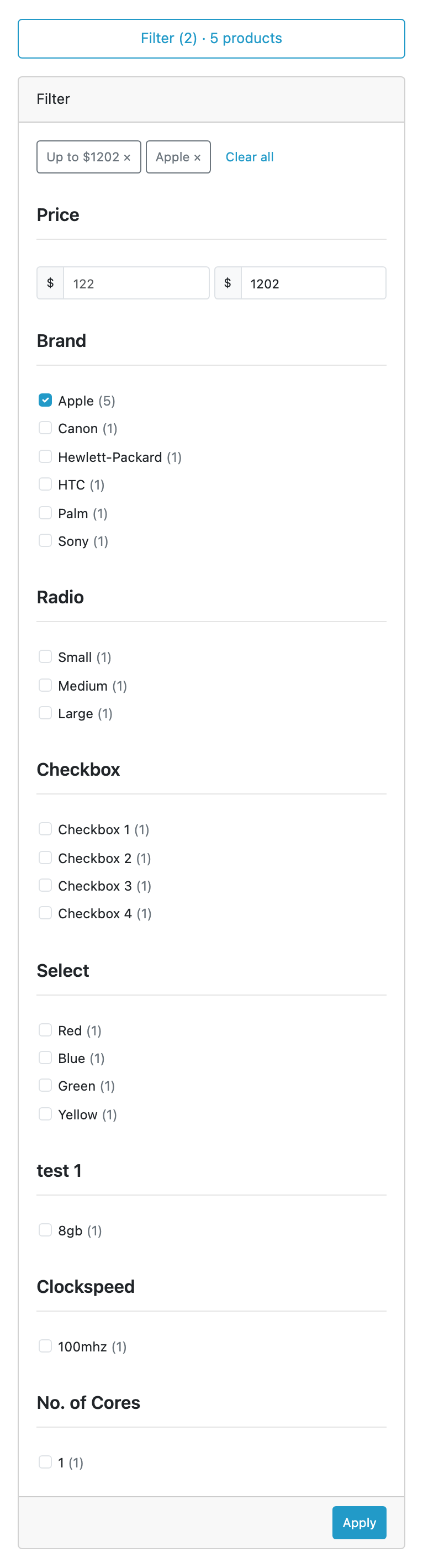 The same page at phone width: the panel folded into one Filter (2) button
above the products, opened, with its facets and an Apply button at the
foot.