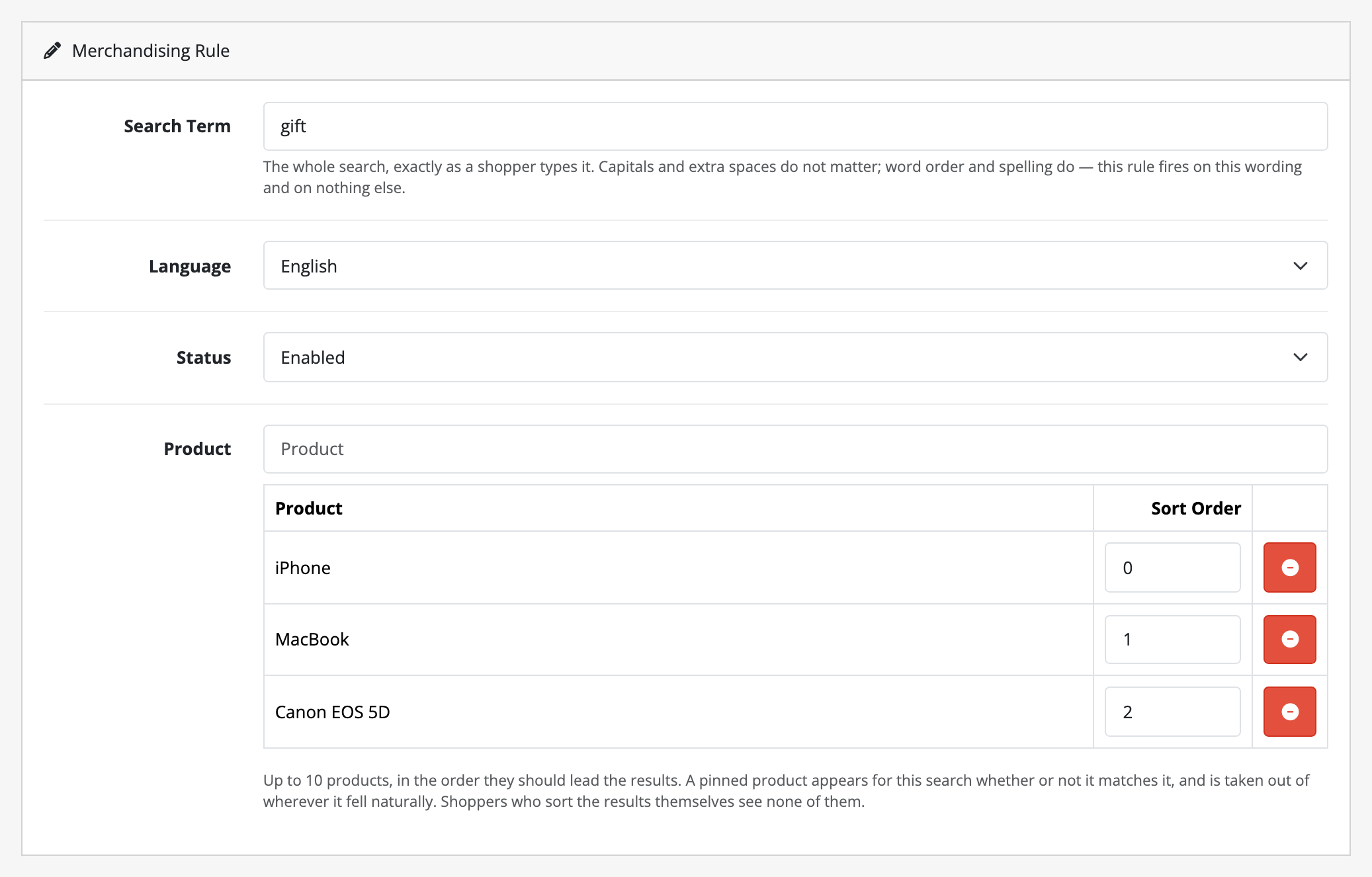 The merchandising rule editor. The search term is "gift", the language English
and the status Enabled. Beneath them three products sit in a table (iPhone,
MacBook, Canon EOS 5D), each with a Sort Order box reading 0, 1 and 2, and a
button to take it off the rule.