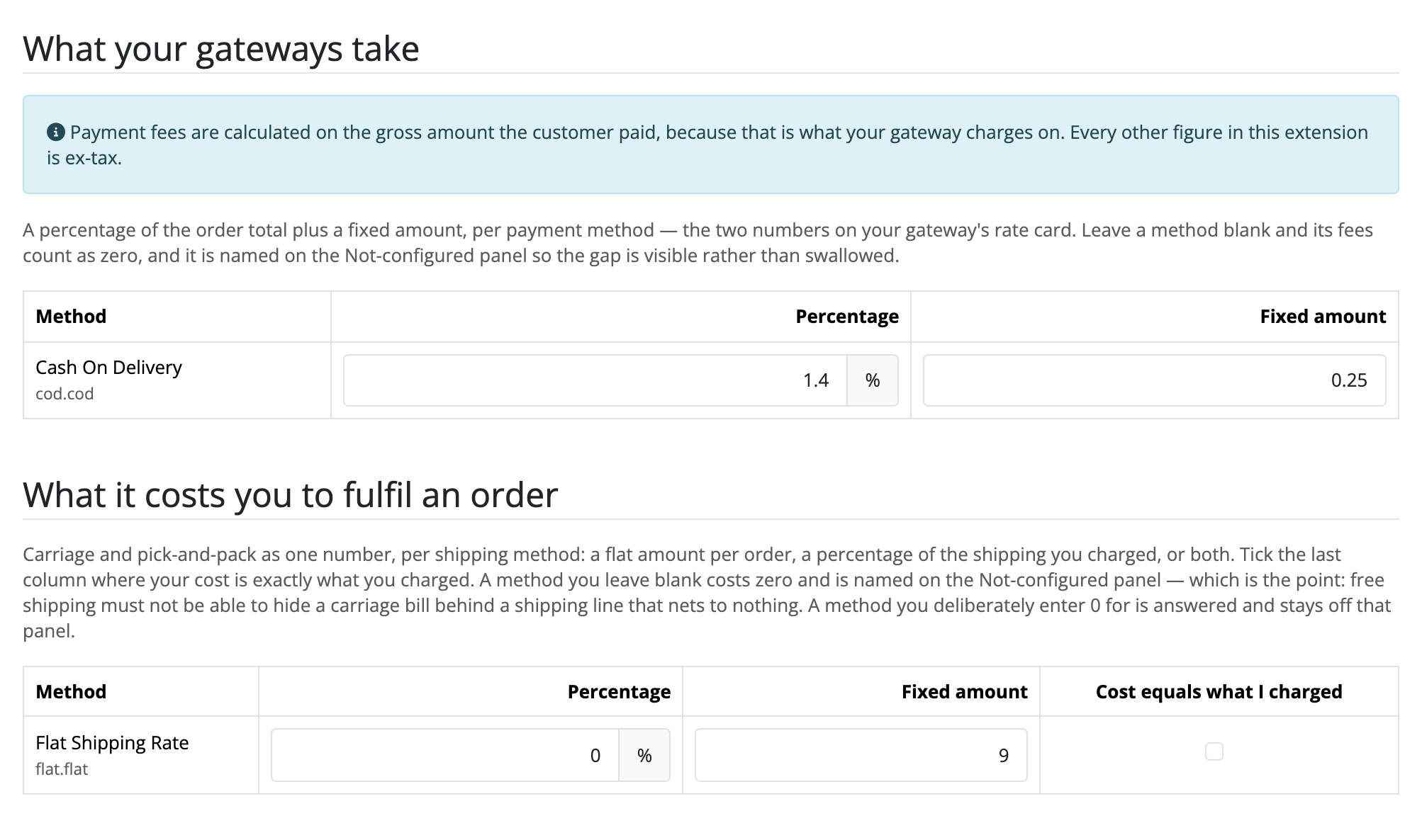 The Fees tab: a payment method with a percentage of 1.4 and a fixed amount of
0.25, and a shipping method with a fixed fulfilment cost of 9 and an unticked
box for cost equals what I charged.