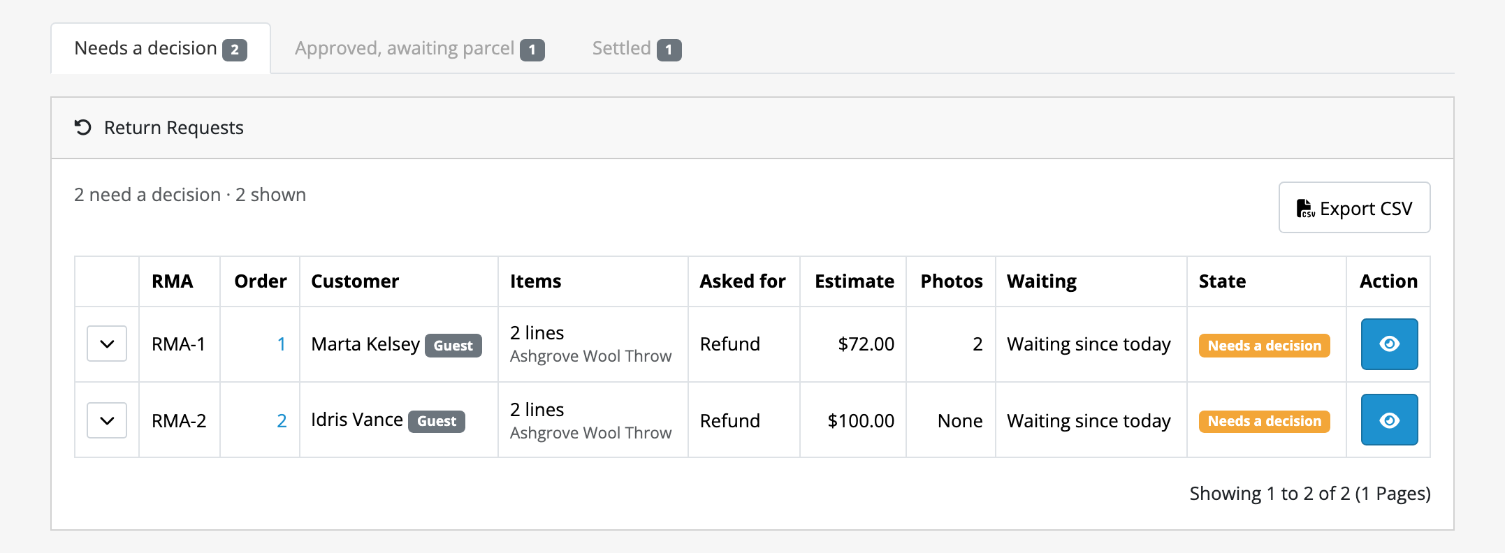 The queue on Needs a decision: three tabs with their counts, and two requests
with their RMA, order, customer, line count, resolution, estimate, photo count
and how long they have waited.