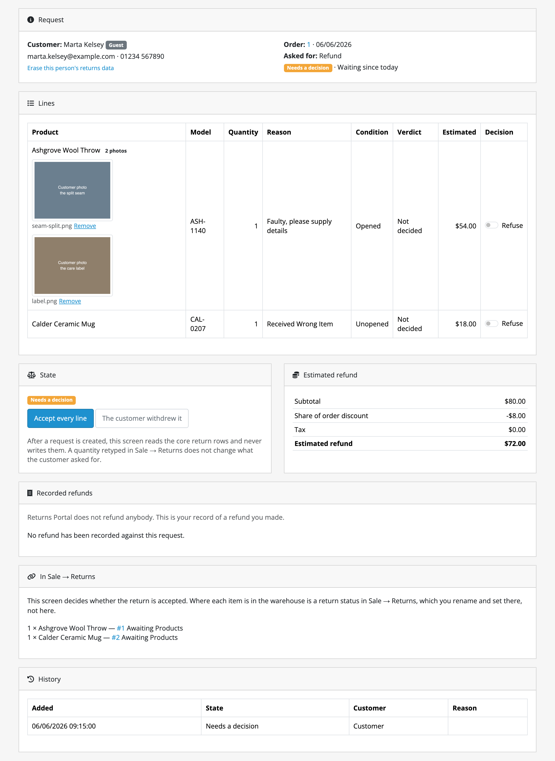 A request open on the queue: the customer and their order, the two lines with
their reasons and condition, the customer's photographs rendered beside the line
they belong to, the estimate, the core return rows this request wrote, and the
history.