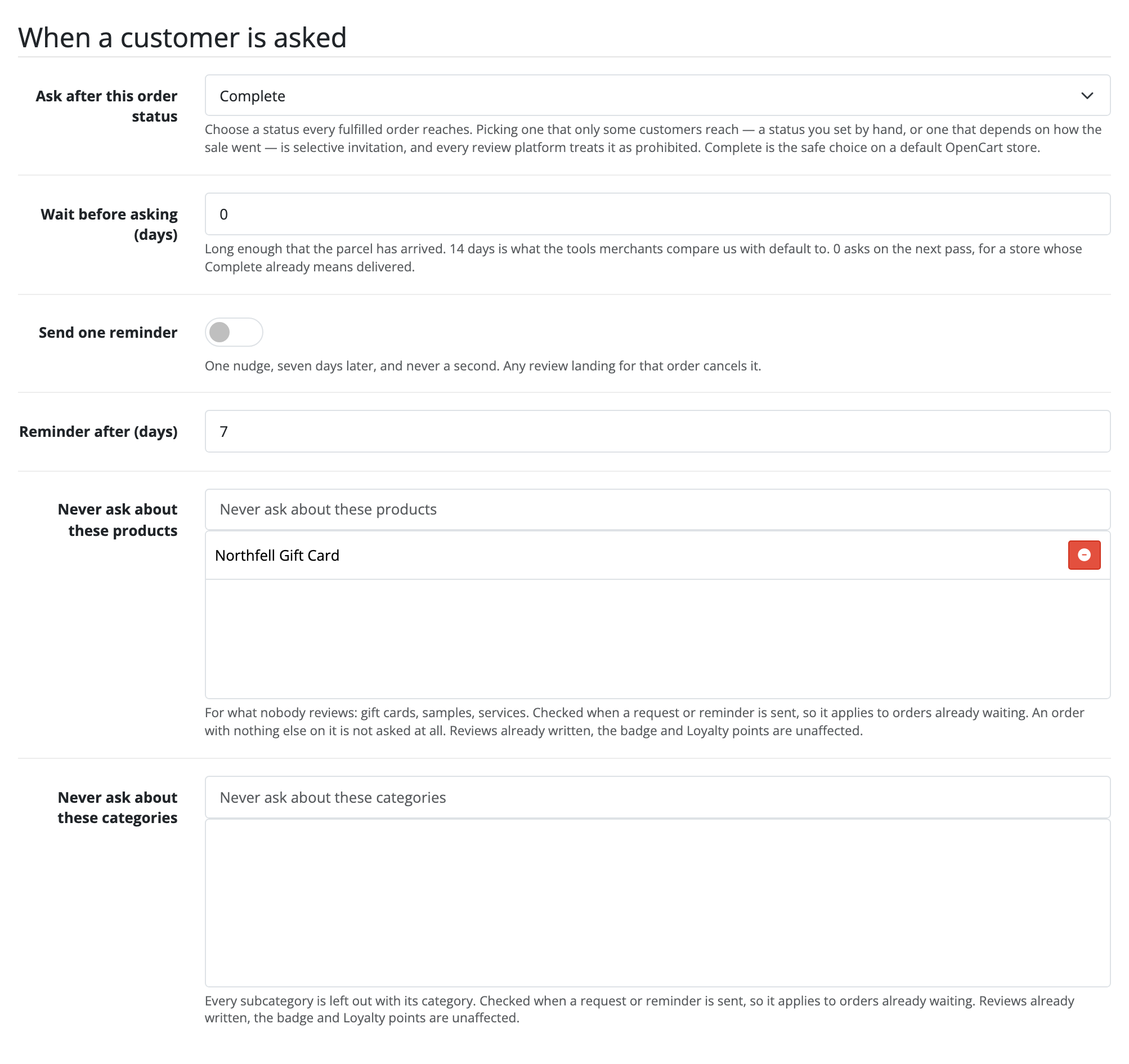 The When a customer is asked section of the Settings tab. Under the status
and the waiting days, Never ask about these products holds one gift card with a
button to remove it, and Never ask about these categories is empty, each with
its help line.