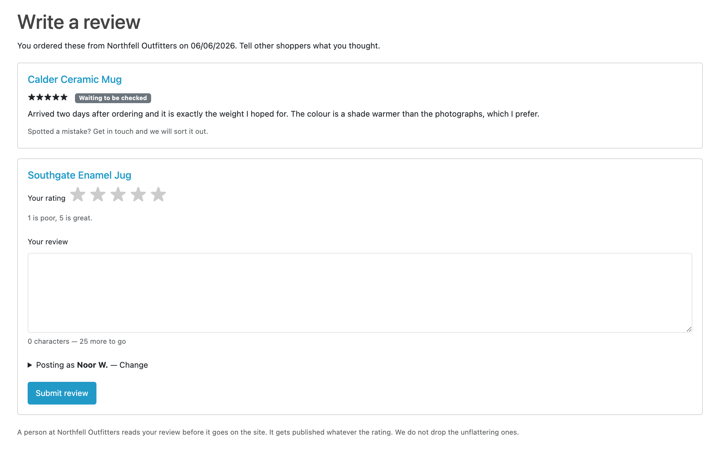 The landing page. The first card shows a finished review (five stars, the
words the customer wrote, and a Waiting to be checked badge) and the second is
still a form, with a star picker, a review box counting down to the minimum
length, and the name it will be posted under.
