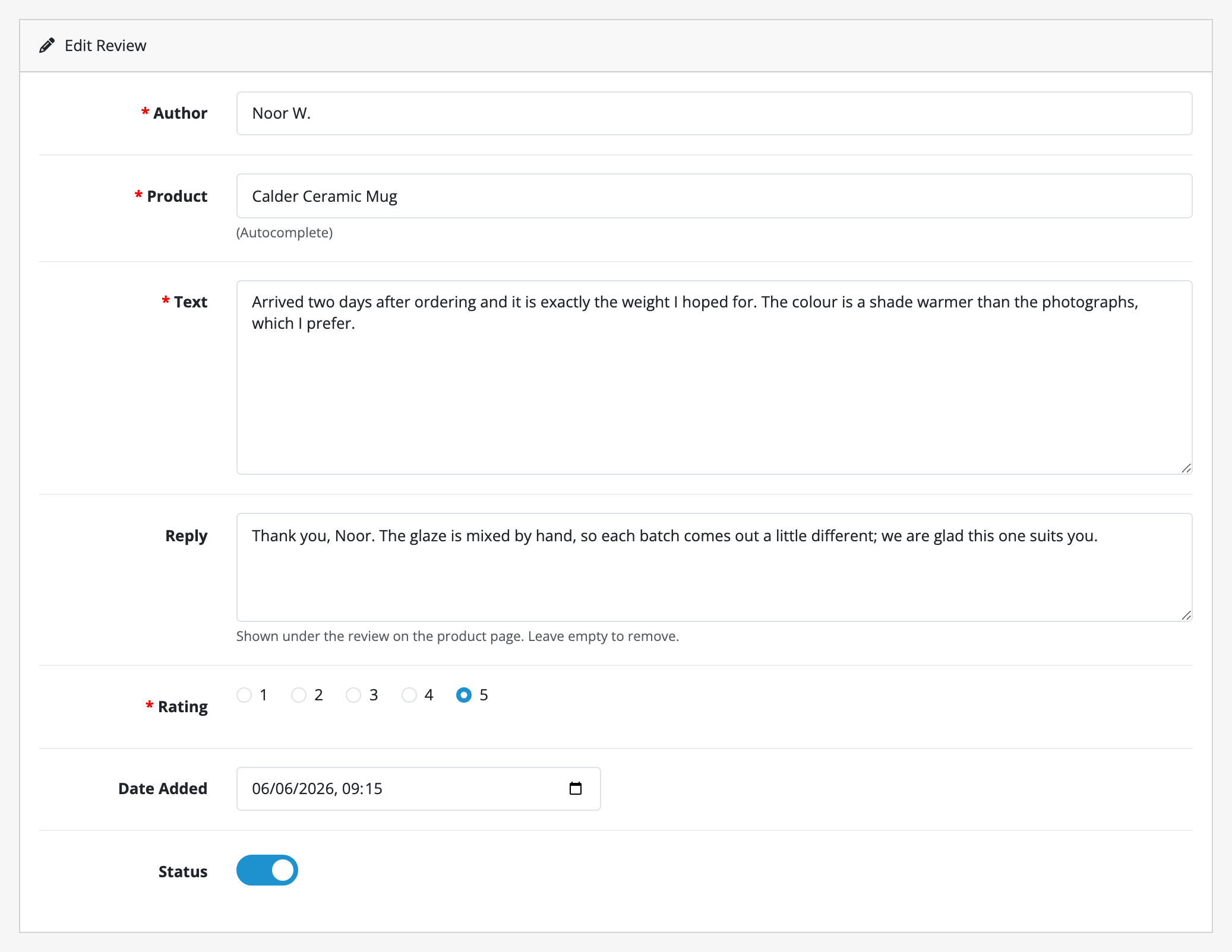Core's review form on Catalog → Reviews, with the Reply box under the review's
text and the help line beneath it.