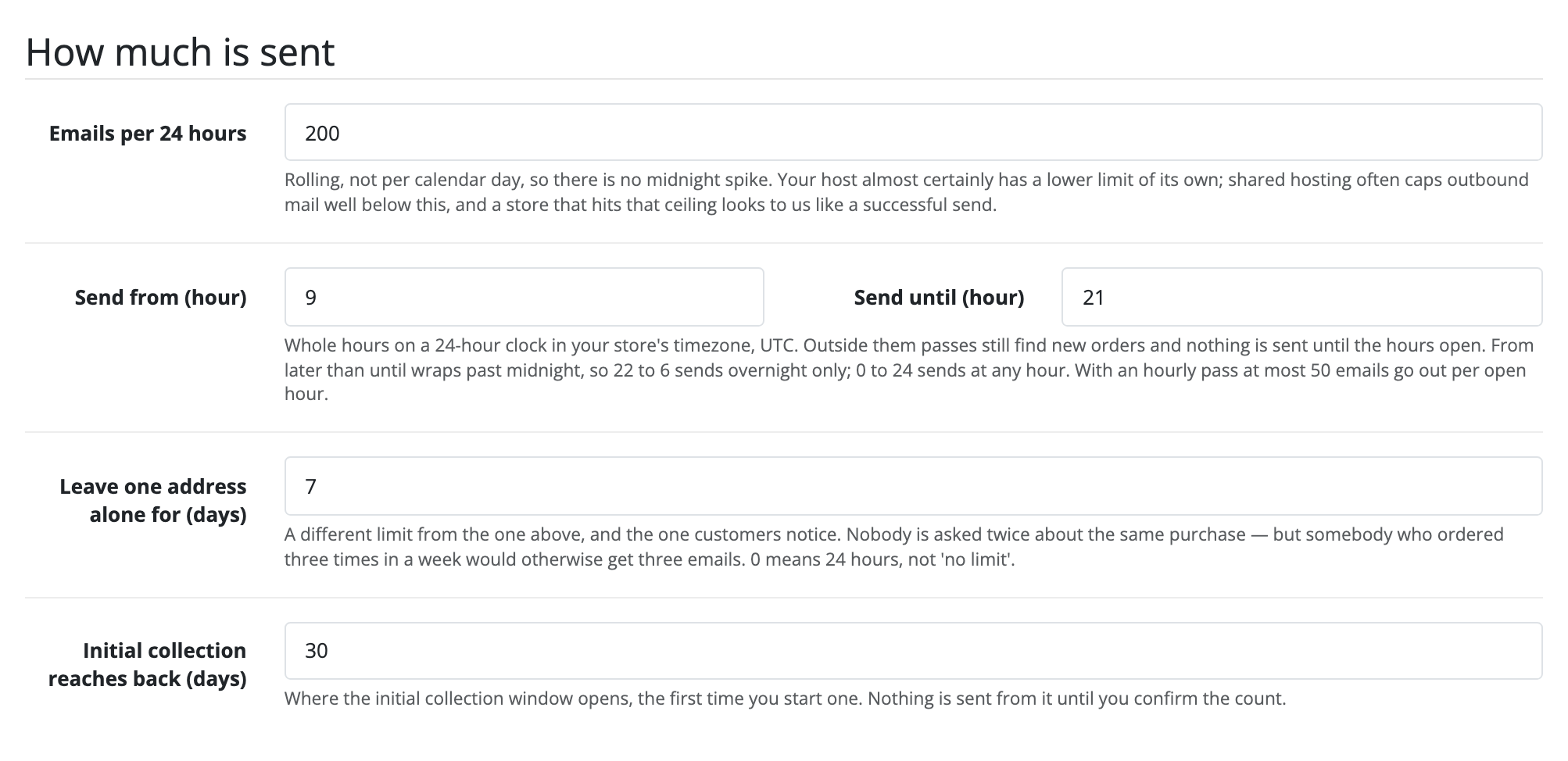 The How much is sent section of the Settings tab, with Send from (hour) at 9
and Send until (hour) at 21 beneath the daily limit, and the help line naming
the store's timezone.