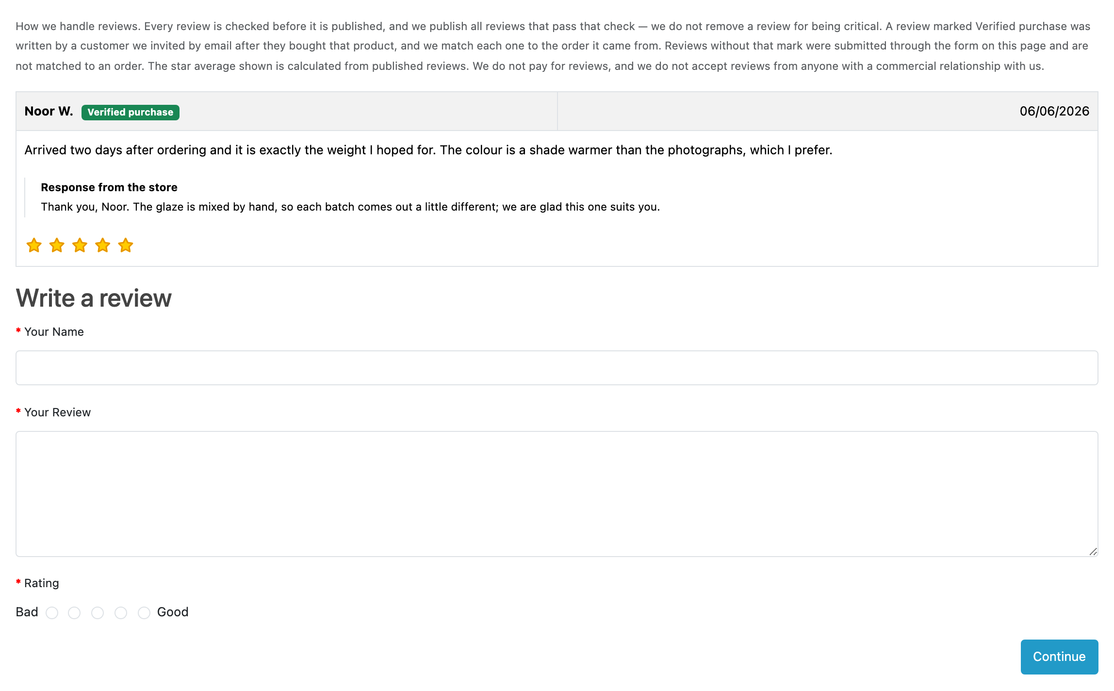 The Reviews tab of a product page. The disclosure line runs above the list, and
the one review below it carries a green Verified purchase badge beside the
reviewer's name and the store's reply beneath its text, headed Response from the
store, over the ordinary write-a-review form.