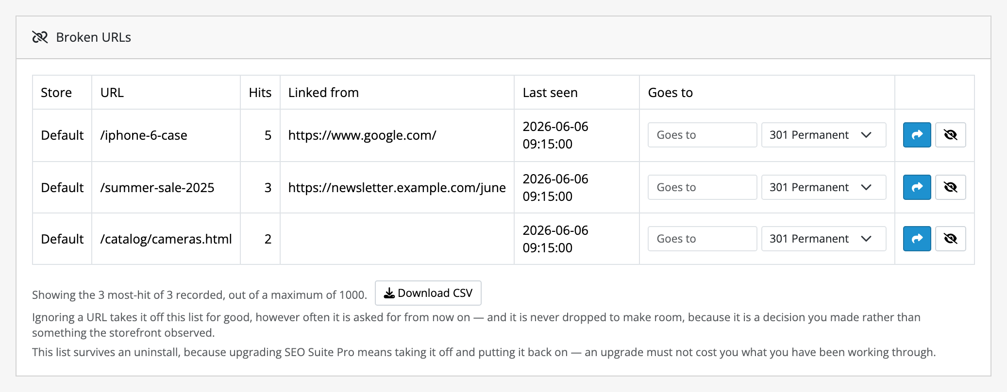 The Broken URLs list on the Redirects screen: /iphone-6-case asked for five
times and linked from google.com, /summer-sale-2025 three times from a
newsletter, /catalog/cameras.html twice with no referrer. Each row has a Goes
to box, a response code and a button that turns it into a redirect, and a
button that ignores it.